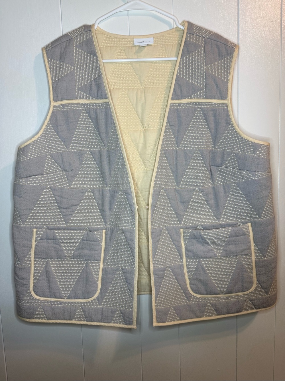 PureJill Elements XL Quilted Sleeveless Vest Linen and Cotton Nordic Embroidered